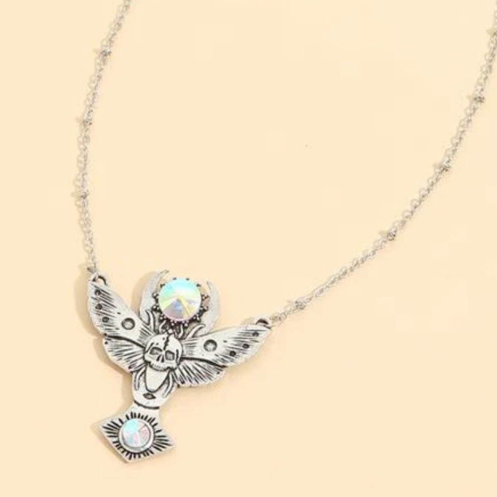 New Stainless Steel Butterfly Skull Rainbow Gemstone Pendant Necklace - Picture 7 of 11